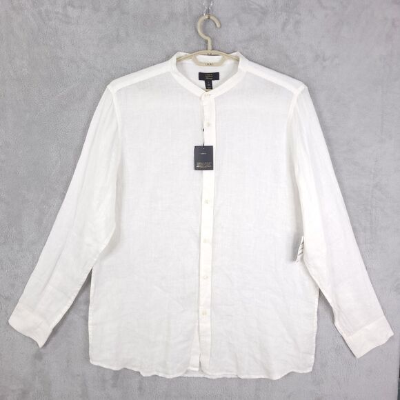 Club Room Luxury 100% Linen Button-Up Shirt Mens White L Long Sleeve Band Collar - Picture 1 of 15